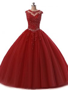 Custom Designed Wine Red Ball Gowns Scoop Sleeveless Tulle Floor Length Lace Up Beading and Lace Quinceanera Dresses