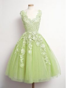 Sleeveless Lace Up Knee Length Appliques Damas Dress