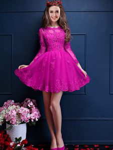 Eye-catching 3 4 Length Sleeve Chiffon Mini Length Lace Up Quinceanera Court of Honor Dress in Fuchsia with Beading and Lace and Appliques