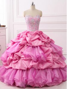 Sleeveless Floor Length Beading and Ruffles and Pick Ups Lace Up Sweet 16 Dress with Rose Pink