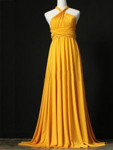 Fashionable Orange Empire Halter Top Sleeveless Chiffon Sweep Train Criss Cross Ruching Quinceanera Court of Honor Dress