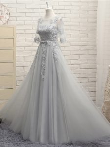 Elegant Grey Lace Up Vestidos de Damas Appliques Half Sleeves Floor Length