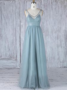 Perfect Tulle Sleeveless Floor Length Dama Dress and Lace