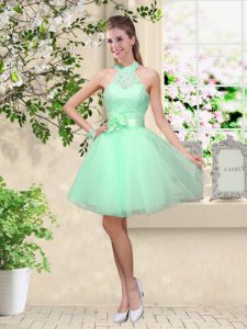 Best Apple Green Sleeveless Lace and Belt Knee Length Dama Dress for Quinceanera