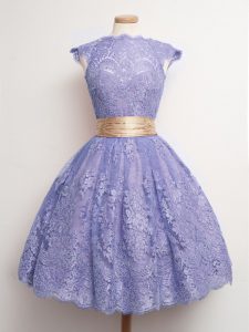Noble Lavender Cap Sleeves Lace Lace Up Quinceanera Court of Honor Dress for Prom and Party and Wedding Party