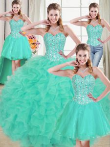 Luxury Turquoise Three Pieces Sweetheart Sleeveless Organza Brush Train Lace Up Beading and Ruffled Layers 15 Quinceanera Dress
