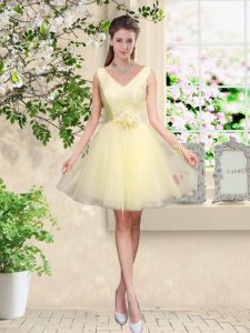 Fashion V-neck Sleeveless Lace Up Court Dresses for Sweet 16 Light Yellow Tulle