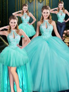 Designer Aqua Blue Sweet 16 Dress Military Ball and Sweet 16 and Quinceanera with Beading and Pick Ups Halter Top Sleeveless Lace Up