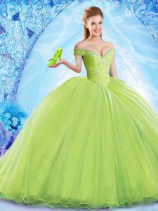 Attractive Yellow Green Lace Up Off The Shoulder Beading Ball Gown Prom Dress Organza Sleeveless Brush Train