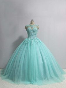 Shining Aqua Blue Ball Gowns Appliques Sweet 16 Dresses Lace Up Tulle Sleeveless Floor Length