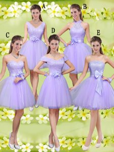 Lilac Sleeveless Knee Length Lace and Belt Lace Up Court Dresses for Sweet 16