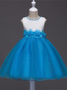 Baby Blue Sleeveless Lace and Hand Made Flower Knee Length Little Girls Pageant Dress Wholesale
