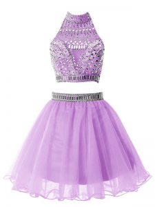 Lilac High-neck Neckline Beading Court Dresses for Sweet 16 Sleeveless Zipper