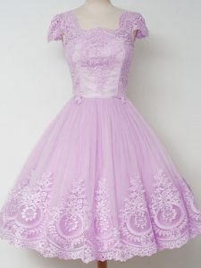 Lilac Square Zipper Lace Quinceanera Dama Dress Cap Sleeves