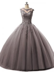 Brown Ball Gowns Tulle Scoop Sleeveless Beading and Lace Floor Length Lace Up Quince Ball Gowns
