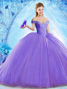 Lavender Lace Up Quinceanera Dress Beading Sleeveless Brush Train