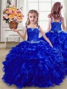 Ball Gowns Girls Pageant Dresses Royal Blue Straps Organza Sleeveless Floor Length Lace Up