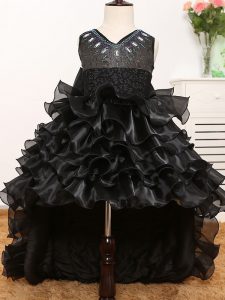 Black A-line V-neck Sleeveless Organza High Low Zipper Beading and Ruffles and Bowknot Little Girl Pageant Gowns