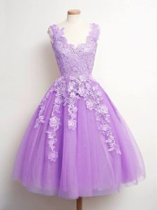 Super Lavender V-neck Lace Up Lace Dama Dress Sleeveless