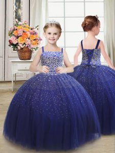 Tulle Straps Sleeveless Lace Up Beading Little Girl Pageant Gowns in Royal Blue
