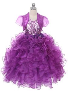 Latest Organza Sleeveless Floor Length Child Pageant Dress and Ruffles and Sequins and Bowknot