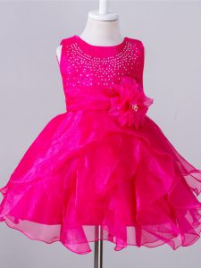 Modern Hot Pink Sleeveless Knee Length Beading and Hand Made Flower Zipper Little Girls Pageant Gowns