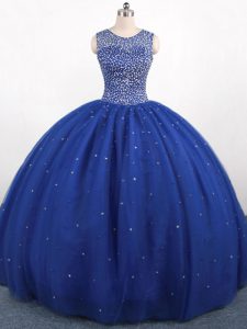 Latest Royal Blue Zipper Quince Ball Gowns Beading Sleeveless Floor Length