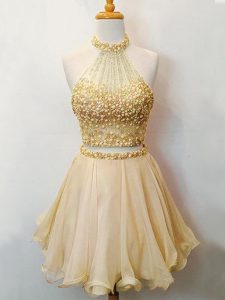 Champagne Organza Lace Up Court Dresses for Sweet 16 Sleeveless Knee Length Beading