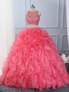 Organza Scoop Sleeveless Lace Up Beading and Ruffles Vestidos de Quinceanera in Hot Pink