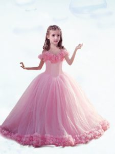 Customized Sleeveless Court Train Lace Up Hand Made Flower Little Girls Pageant Dress
