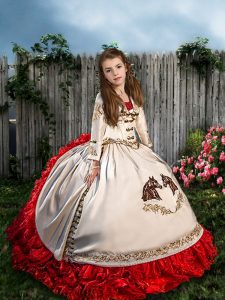 Excellent Sleeveless Beading and Embroidery and Ruffles Lace Up Little Girl Pageant Gowns with White And Red Brush Train