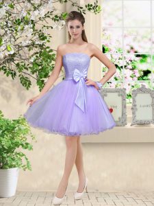 Amazing Lilac Off The Shoulder Neckline Lace and Belt Vestidos de Damas Sleeveless Lace Up