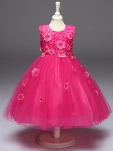 Hot Selling Hot Pink Sleeveless Tulle Zipper Little Girl Pageant Gowns for Wedding Party