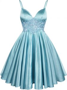 Aqua Blue Lace Up Spaghetti Straps Lace Dama Dress Elastic Woven Satin Sleeveless