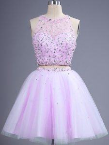 Free and Easy Scoop Sleeveless Court Dresses for Sweet 16 Knee Length Beading Lilac Tulle
