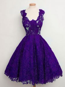 Purple Lace Lace Up Straps Sleeveless Knee Length Dama Dress Lace