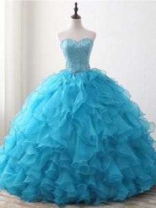 Glorious Baby Blue Lace Up Sweetheart Beading and Ruffles Sweet 16 Dresses Organza Sleeveless