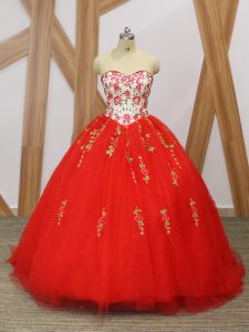 Lace Up Sweet 16 Quinceanera Dress Red for Military Ball and Sweet 16 and Quinceanera with Embroidery and Ruffled Layers Sweep Train
