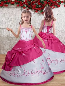 Latest Hot Pink Ball Gowns Taffeta Straps Sleeveless Embroidery Floor Length Lace Up Girls Pageant Dresses