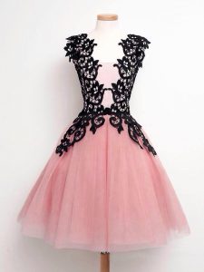 Customized Pink A-line Lace Quinceanera Dama Dress Lace Up Tulle Sleeveless Knee Length