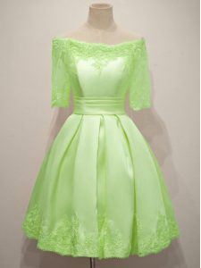 Custom Design Yellow Green Lace Up Dama Dress Lace Half Sleeves Knee Length