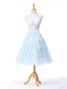 New Arrival Light Blue Vestidos de Damas Prom and Party and Wedding Party with Appliques Scoop Sleeveless Backless