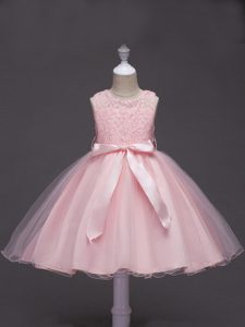 Elegant Knee Length Baby Pink Little Girl Pageant Gowns Tulle Sleeveless Lace and Belt