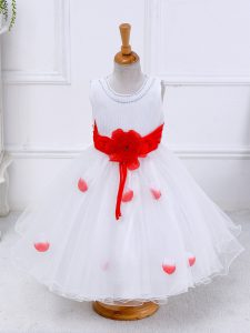 White Sleeveless Tea Length Hand Made Flower Lace Up Pageant Dress for Teens