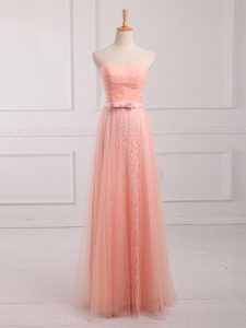 Fancy Peach Tulle and Lace Lace Up Sweetheart Sleeveless Floor Length Dama Dress Belt