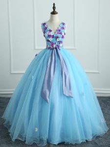 Light Blue 15 Quinceanera Dress Military Ball and Sweet 16 and Quinceanera with Appliques and Belt V-neck Sleeveless Lace Up