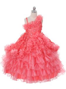 Sleeveless Organza Floor Length Lace Up Little Girls Pageant Dress in Watermelon Red with Lace and Ruffles and Ruffled Layers