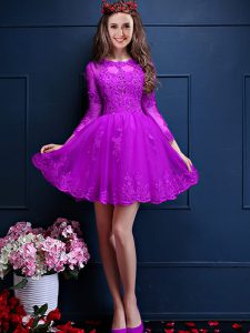 Eggplant Purple Lace Up Scalloped Beading and Lace and Appliques Quinceanera Court Dresses Chiffon 3 4 Length Sleeve