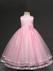 Baby Pink Tulle Zipper Girls Pageant Dresses Sleeveless Floor Length Hand Made Flower