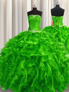 Green Lace Up 15 Quinceanera Dress Beading and Ruffles Sleeveless Floor Length